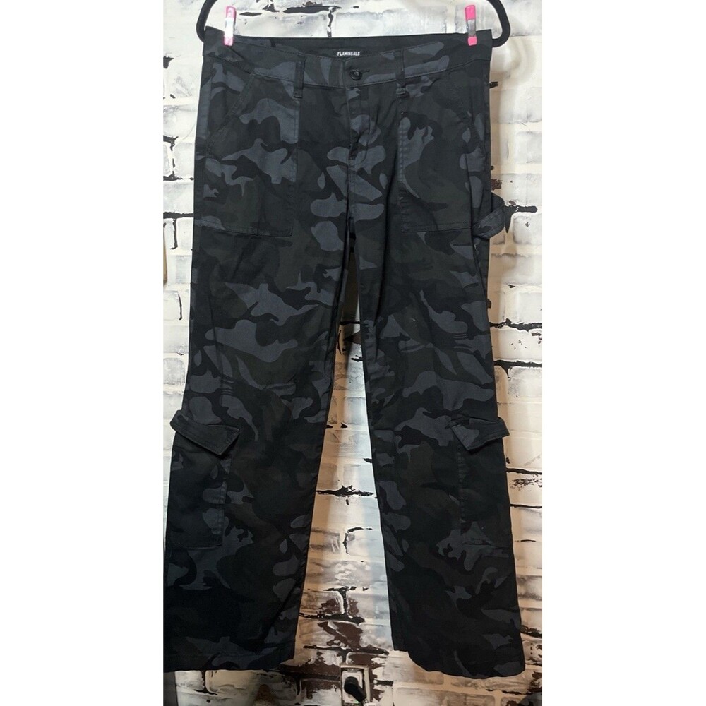 Flamingals Camo Cargo Pants Womens 14 Black Gray Wide Leg Utility Goth